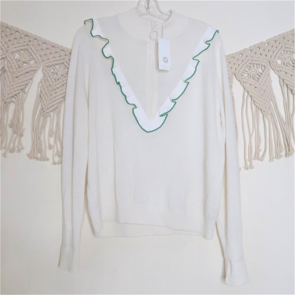 NWT Tory Burch Sport Luxe Cashmere Ruffle Half-Zip Ivory Pullover Size M